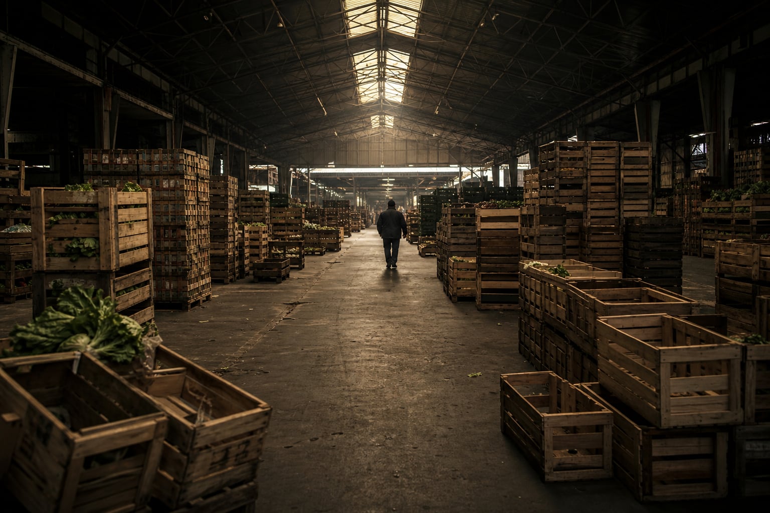 Cajones de madera parcialmente vacíos en un galpón del mercado mayorista de Santa Anita reflejan la menor oferta de hortalizas. (Imagen Ilustrativa Infobae)