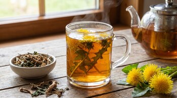 Primer plano de una taza de infusión humeante de diente de león con flores, junto a una tetera, más flores frescas y raíces secas sobre una mesa de madera.
