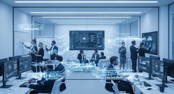 Múltiples empleados en una oficina moderna con paredes de vidrio y mesas con computadoras; grandes pantallas muestran datos y algoritmos de IA, con circuitos luminosos superpuestos.