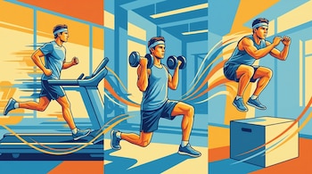 Ilustración de un hombre haciendo una rutina de ejercicio con tres paneles: corriendo en una cinta, haciendo sentadilla con mancuernas, y saltando a una caja.
