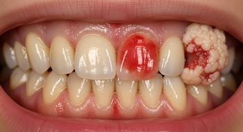 Primer plano de una boca con dientes y encías. Se observa una encía inflamada y rojiza alrededor de un diente, y un crecimiento tumoral blanquecino e irregular en la encía posterior.