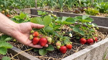 Una mano sostiene un racimo de frutillas rojas y verdes que crecen en un bancal de madera cubierto con paja.