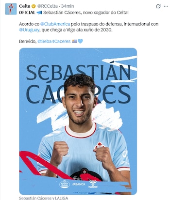 El Celta cerró el fichaje de Cáceres en la última jornada del mercado español y el zaguero firmará por cuatro temporadas. (X/ @RCCelta)