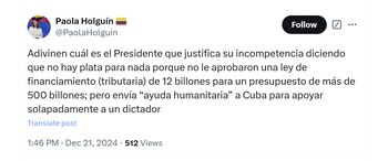 La senadora Paola Holguín criticó