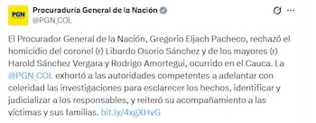 Las instituciones piden celeridad en las investigaciones del caso - crédito @militar_col / X