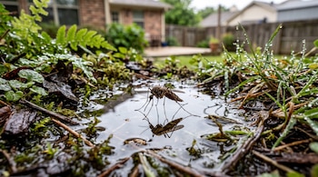 Un mosquito en la superficie de un charco rodeado de hojas verdes con gotas de agua y una casa en el fondo desenfocado.
