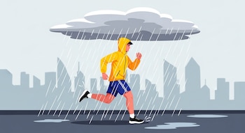 Ilustración vectorial plana de una persona con chaqueta amarilla y pantalones cortos azules corriendo bajo una nube gris que vierte lluvia sobre un paisaje urbano.