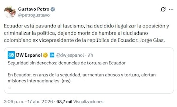 Petro hizo eco de las denuncias de tortura contra Jorge Glas durante su encarcelamiento en Ecuador, y apuntó contra el gobierno de Daniel Noboa - crédito @petrogustavo/X
