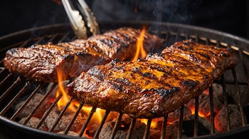 Cortes de carne sobre una parrilla con carbón encendido, llamas y unas pinzas metálicas.