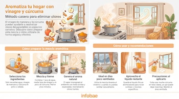 Infografía con ilustraciones de ingredientes, una olla hirviendo, un hogar ventilado, una persona y una mano rociando un líquido.