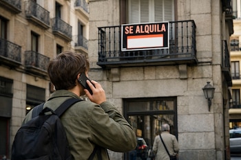 Una persona joven con mochila negra y chaqueta verde habla por teléfono móvil mientras mira un cartel de "Se alquila" en un balcón de un edificio antiguo.