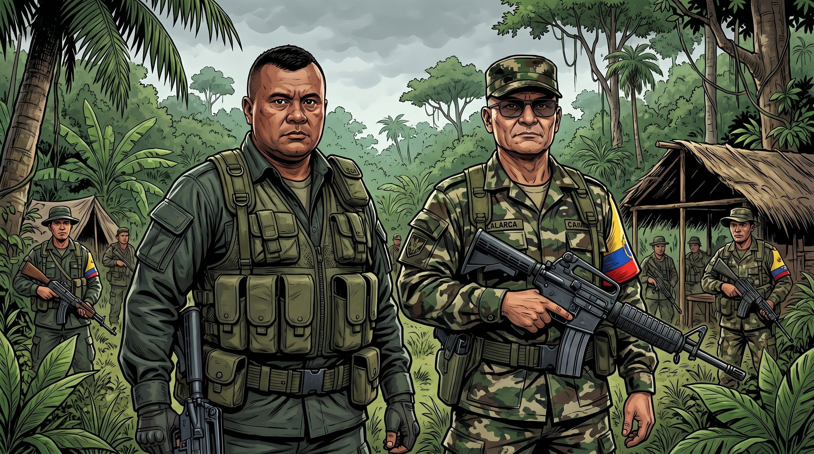 Ilustración de alias Iván Mordisco y alias Calarca, jefes de facciones disidentes de las Farc, representados en la selva del Guaviare, donde sus grupos mantienen intensos combates - crédito Imagen Ilustrativa Infobae