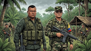 Ilustración de dos hombres uniformados de militar armados en una selva tropical. Uno lleva chaleco verde, el otro camuflaje y gafas de sol, ambos con otros soldados de fondo.