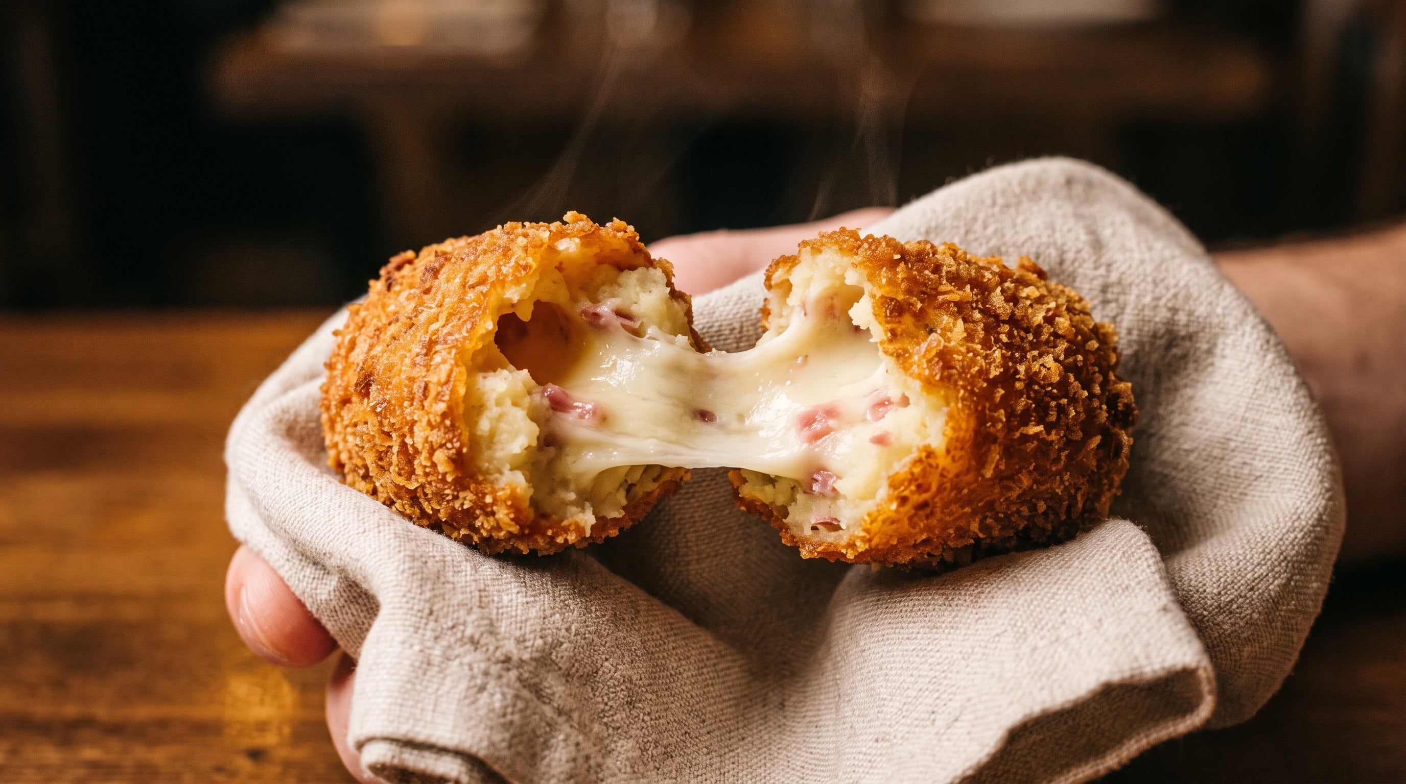 Las croquetas de papas con jamón y queso se fríen en aceite a 170-180°C para lograr una corteza crocante y un interior suave (Imagen Ilustrativa Infobae)