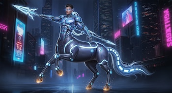 Un Centauro Digital metálico con luces azules brillantes, torso humano y patas de caballo, parado en una ciudad futurista oscura con rascacielos y neón, sostiene una lanza.