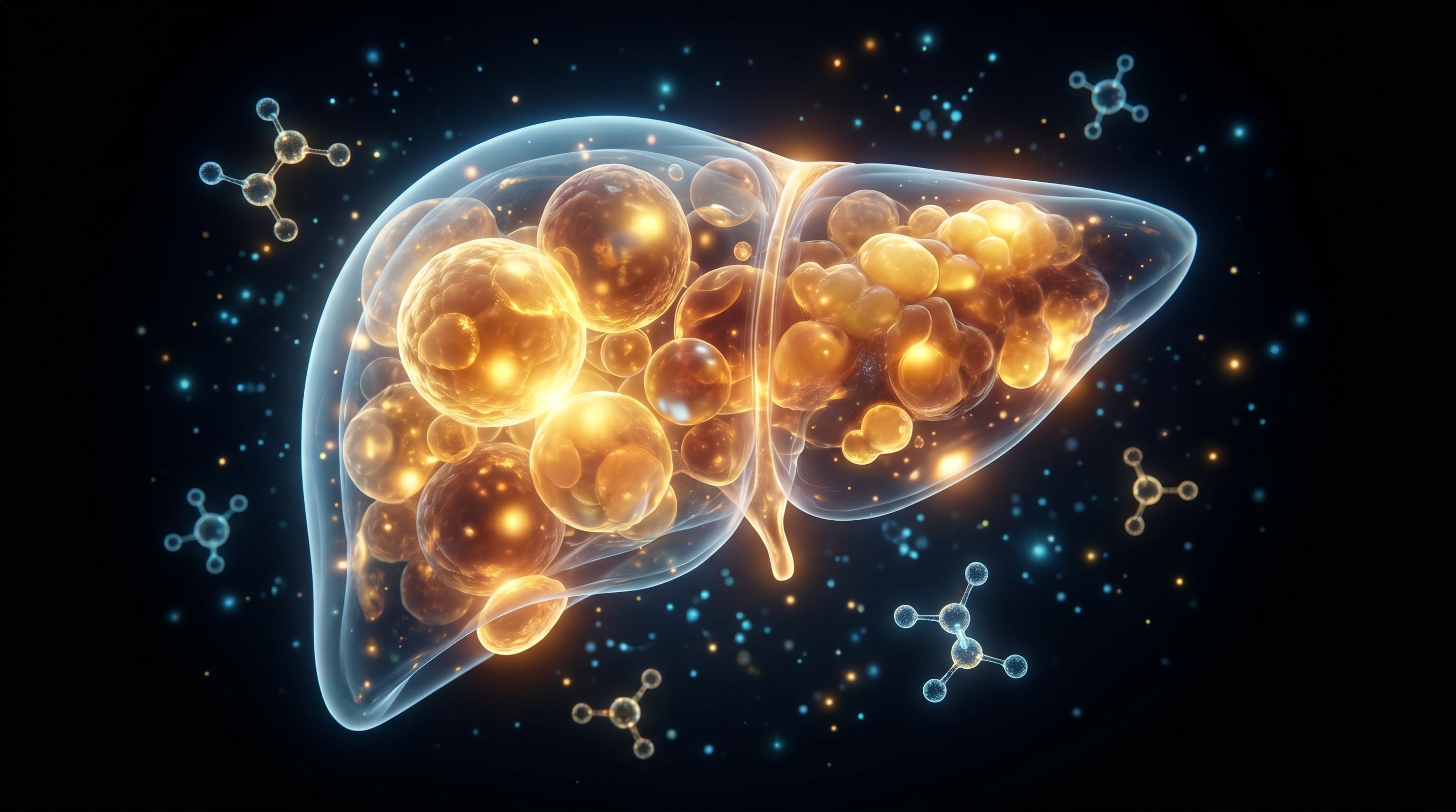 Una representación hiperdetallada de un hígado graso humano muestra acumulaciones internas de grasa en tonos dorados y ámbar, destacando su brillo orgánico contra un fondo oscuro con destellos biomédicos y moléculas. (Imagen Ilustrativa Infobae)