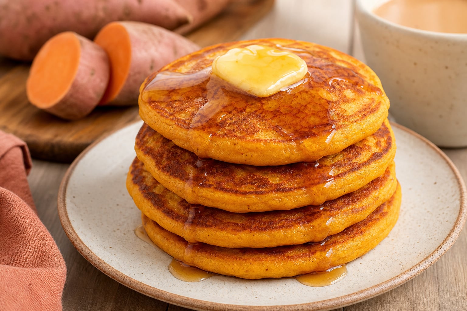 Una torre de hot cakes elaborados con camote se sirve con mantequilla y jarabe de arce sobre un plato cerámico. (Imagen Ilustrativa Infobae)