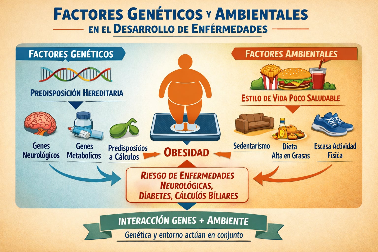 Factores genéticos como la predisposición hereditaria y ambientales como el estilo de vida no saludable interactúan en el desarrollo de la obesidad y aumentan el riesgo de enfermedades neurológicas y metabólicas. (Imagen Ilustrativa Infobae)