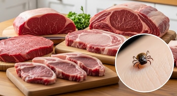 Cortes frescos de carne de res, cerdo y cordero en tablas de madera sobre una mesa de cocina. En un círculo, una garrapata adherida a la piel humana.