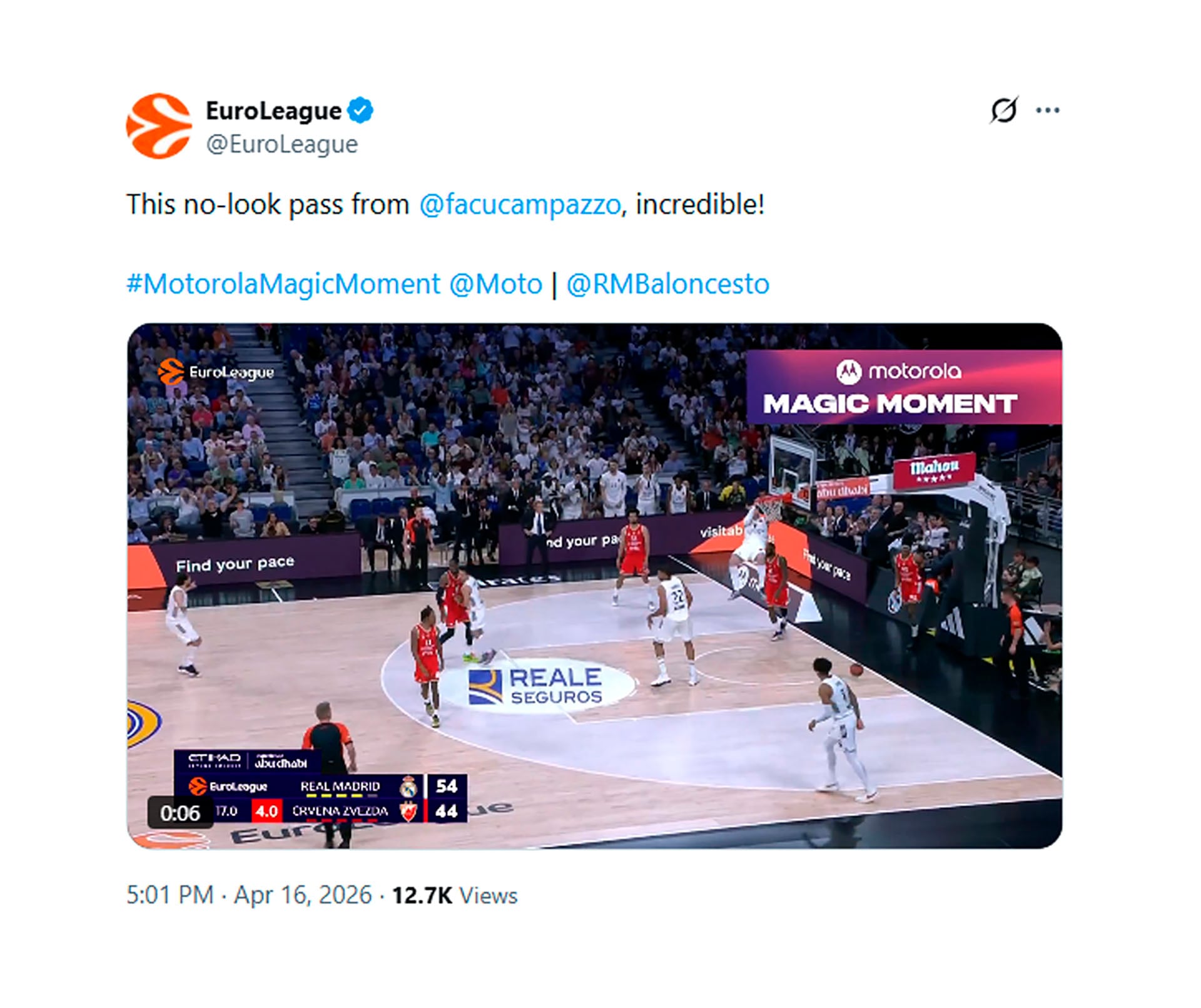 Facundo Campazzo del Real Madrid realiza un increíble pase sin mirar que fue destacado por la Euroliga (X)