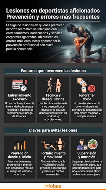 Infografía sobre prevención de lesiones en deportistas aficionados, con un corredor con dolor de rodilla e iconos que ilustran causas y soluciones.