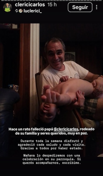 Captura de pantalla de una publicación digital con la foto de un hombre sonriente sosteniendo a un niño y un texto sobre su fallecimiento