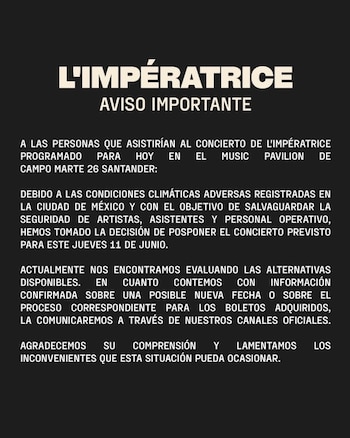 Imagem de um aviso importante do L'Impératrice em texto branco sobre fundo preto, anunciando o adiamento do concerto de 11 de junho.