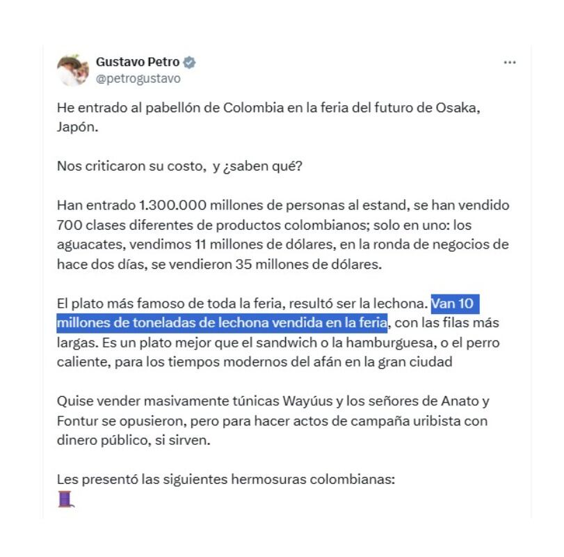 Con este mensaje, el presidente Gustavo Petro se refirió sobre la histórica venta de lechona en Osaka - crédito @petrogustavo/X
