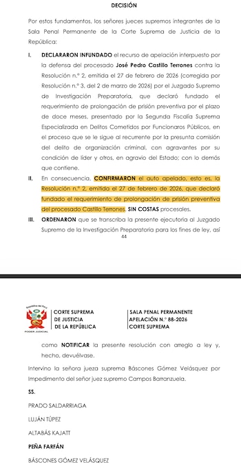 Documento judicial de la Corte Suprema de Justicia de la República de Perú, titulado DECISIÓN, con texto legal en tres puntos numerados