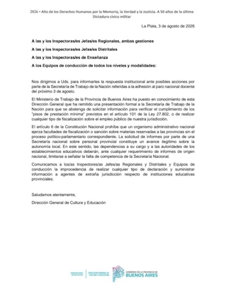 La carta de la Dirección General de Escuelas de provincia de Buenos Aires