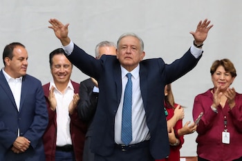 Mexican President Andres Manuel Lopez Obrador gestures during an event at the Zocalo square to to mark the fifth anniversary of his election victory on July 1, 2018 , in Mexico City, Mexico July 1, 2023. REUTERS/Henry Romero