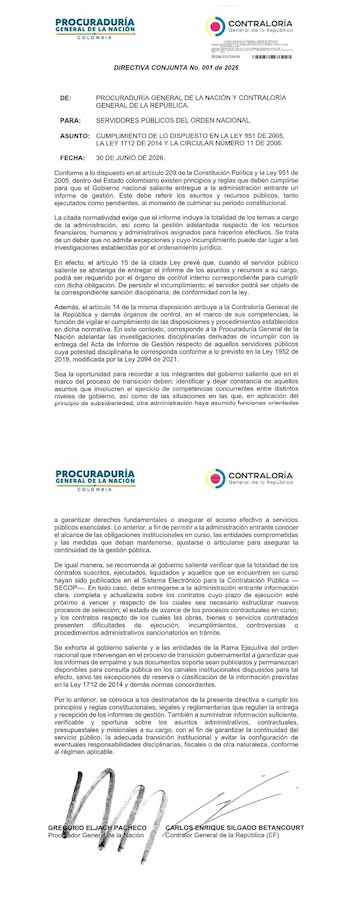 La directiva exhorta a que los informes de empalme y sus documentos de soporte sean publicados en los canales institucionales para consulta pública - crédito Contraloría General de la República