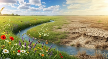 Imagen muestra un campo dividido por un arroyo: un lado verde y florido con cielo azul, el otro seco y agrietado bajo un cielo pálido.