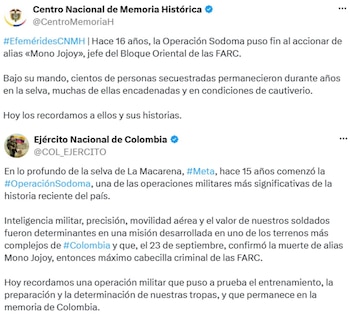 Las dos instituciones recordaron la Operación Sodoma y destacaron, desde diferentes perspectivas, el operativo y a las víctimas que permanecieron secuestradas. - crédito X de @COL_EJERCITO y @CentroMemoriaH