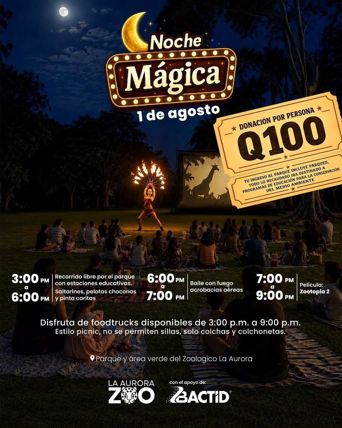 Un grupo de asistentes observa un espectáculo de fuego y una proyección en el evento 'Noche Mágica' en el Zoológico La Aurora de Guatemala. (Zoo La Aurora)
