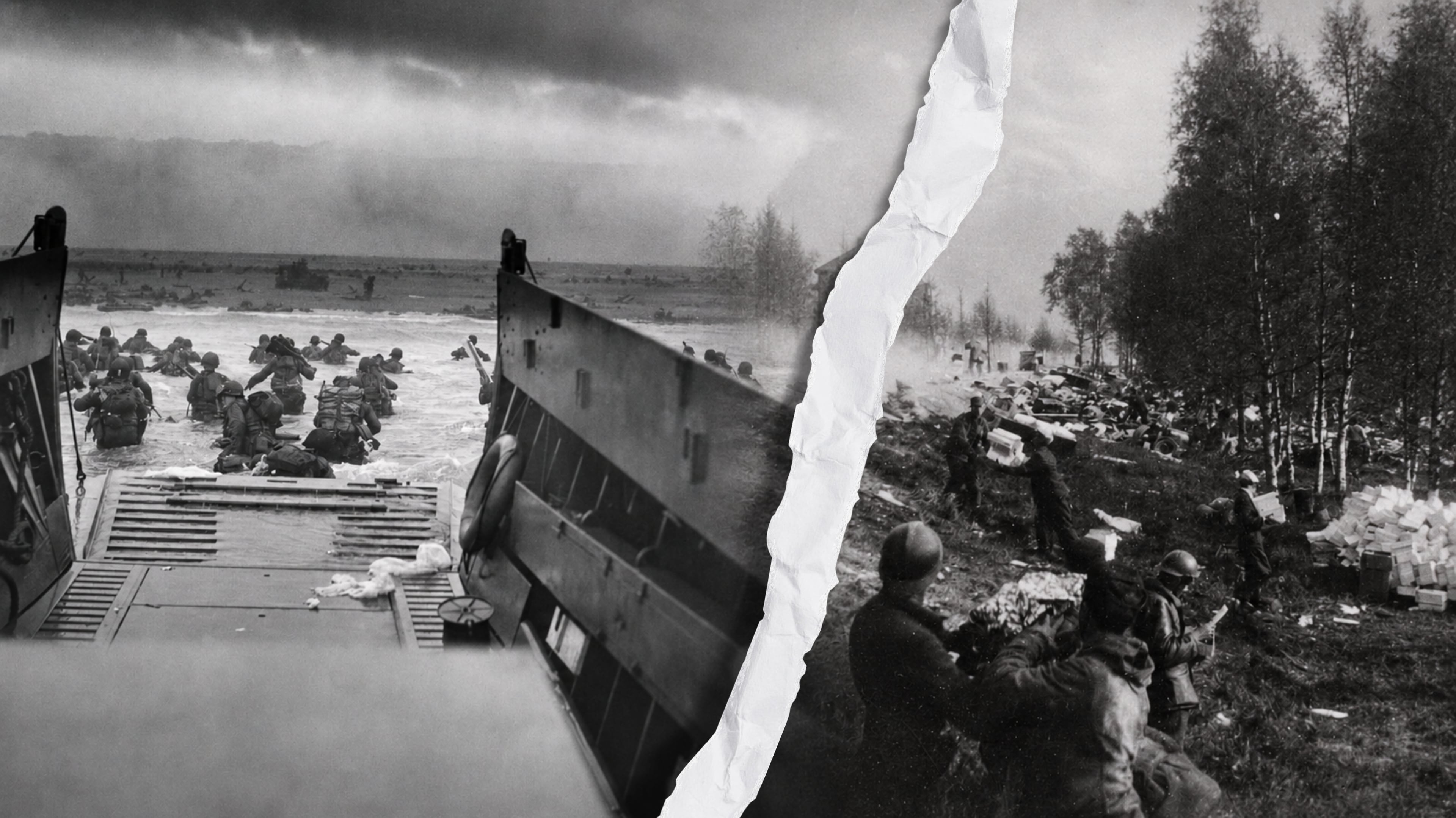 Una composición fotográfica en blanco y negro ilustra dos momentos de la Segunda Guerra Mundial: el Desembarco de Normandía con tropas en la playa y una operación en los fiordos noruegos con soldados en un terreno boscoso. (Robert F. Sargent / Wikipedia)