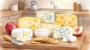 Ilustración en acuarela con diversas piezas de queso, galletas saladas, un cuchillo, una manzana y medio higo sobre una tabla de madera.