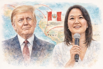 Ilustración en acuarela de Donald Trump y Keiko Fujimori, un micrófono, un mapa de América del Sur con la bandera de Perú y flechas rojas.