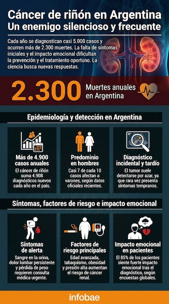 Um infográfico informativo sobre o câncer renal na Argentina. Mostra o rim humano, estatísticas de mortalidade e incidência e uma ilustração de sintomas e fatores de risco.