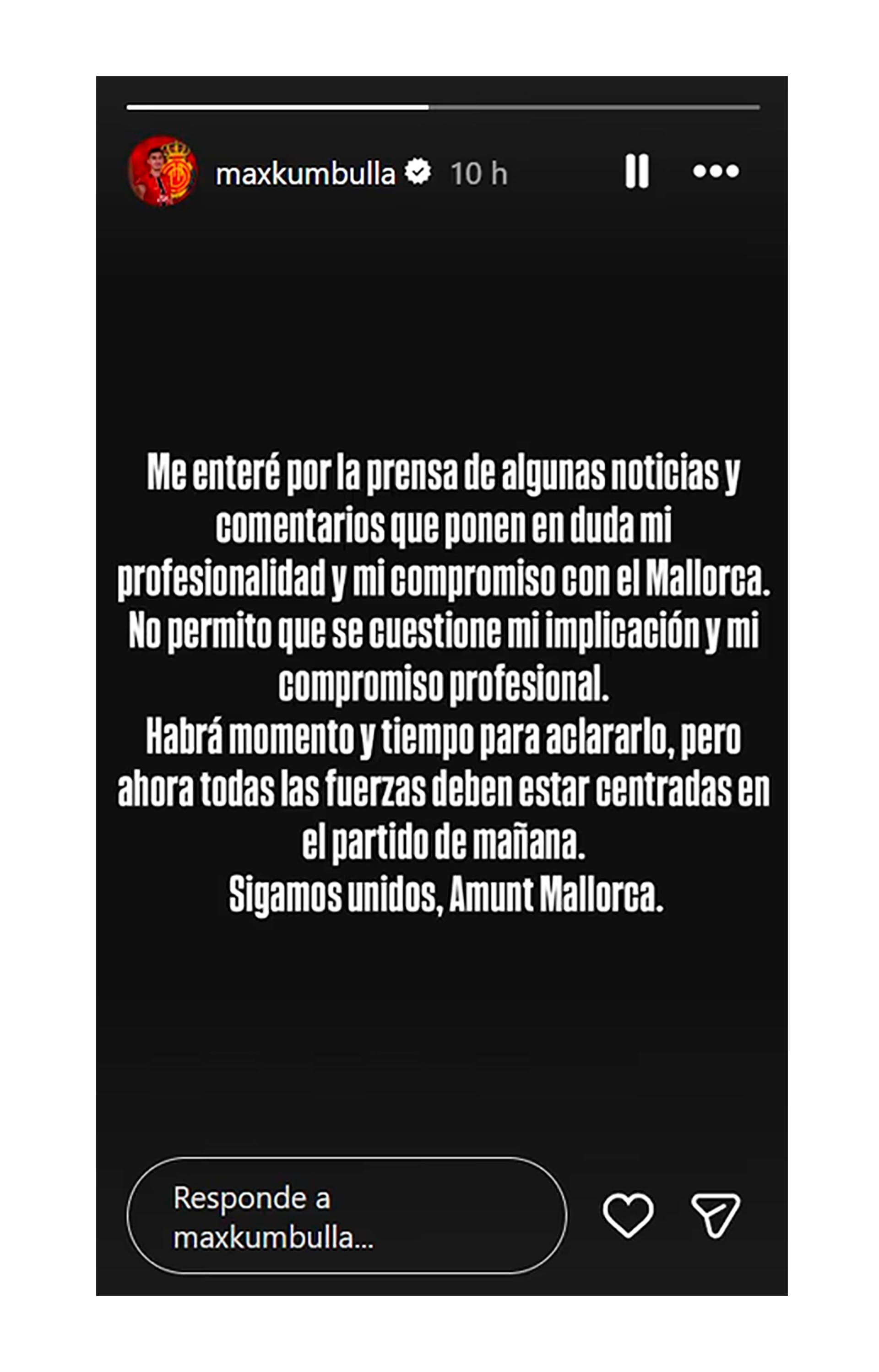 El futbolista Marash Kumbulla publicó un mensaje en redes sociales desmintiendo rumores sobre su profesionalidad y compromiso con el RCD Mallorca, pidiendo unidad ante el próximo partido.