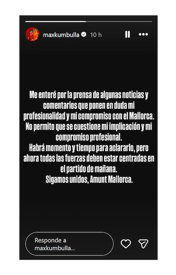 Captura de pantalla de una historia de Instagram de Marash Kumbulla (@maxkumbulla) con texto blanco sobre fondo negro, abordando rumores sobre su compromiso con el Mallorca