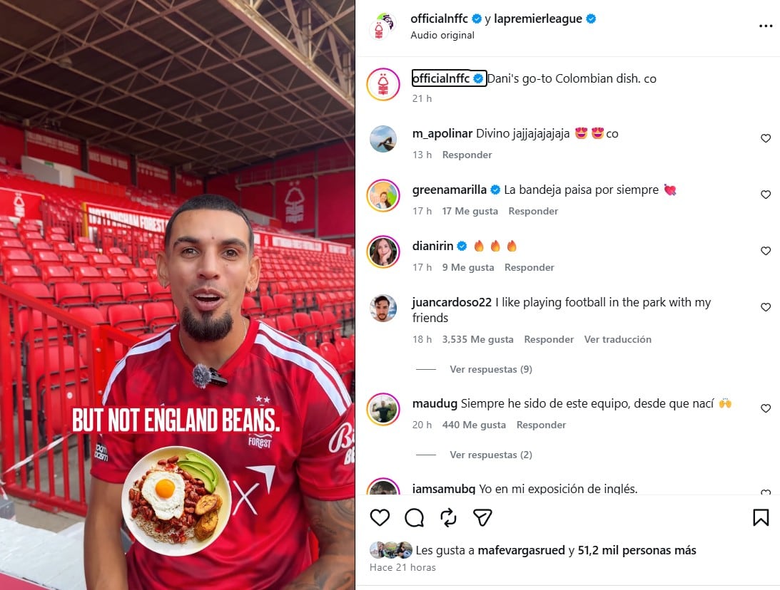 Muñoz se confesó como amante de la bandeja paisa - crédito @officialnffc/IG