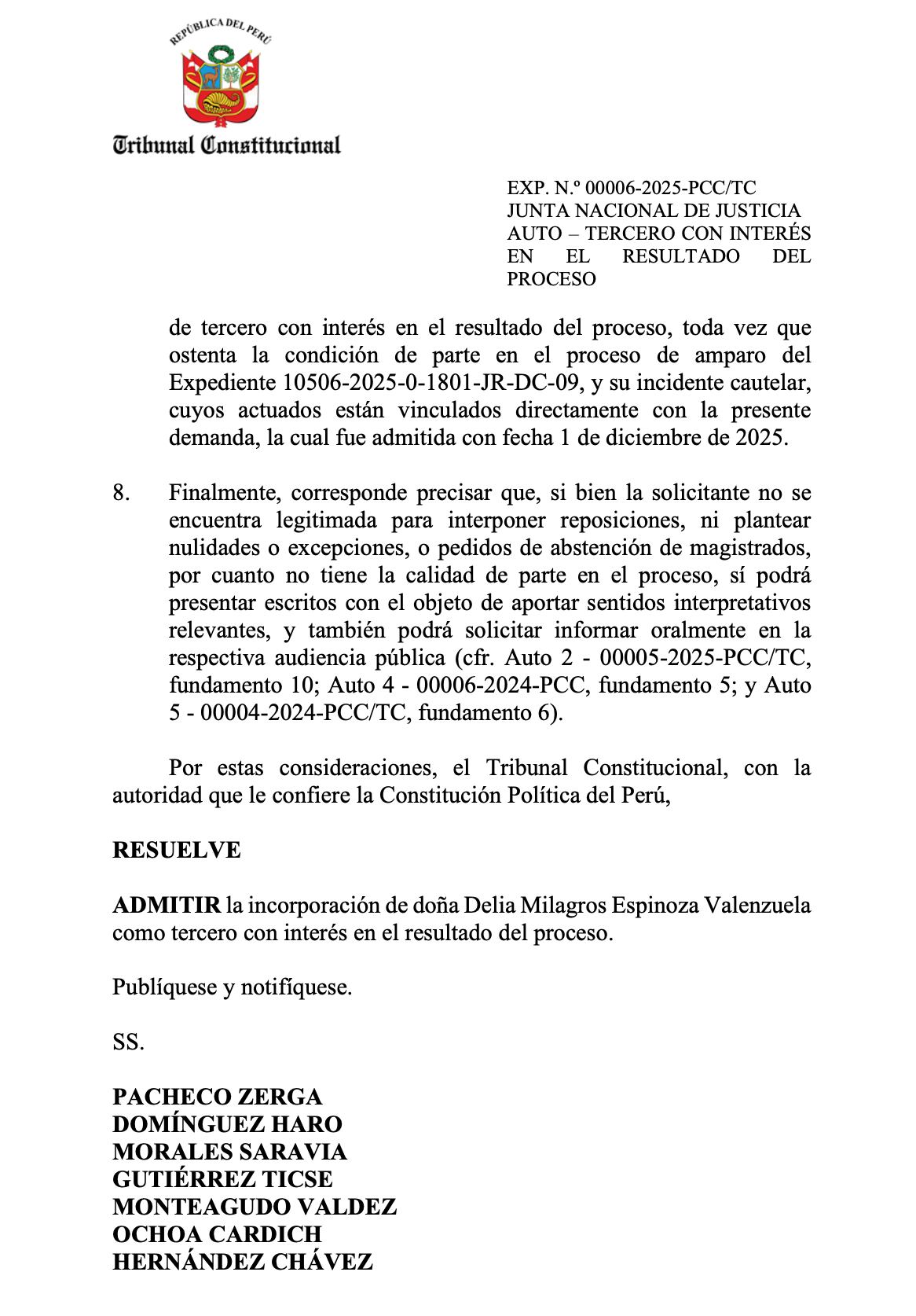 TC acepta incorporar a Delia Espinoza al proceso competencial de la JNJ contra el PJ