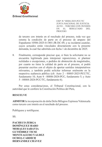 TC acepta incorporar a Delia Espinoza al proceso competencial de la JNJ contra el PJ