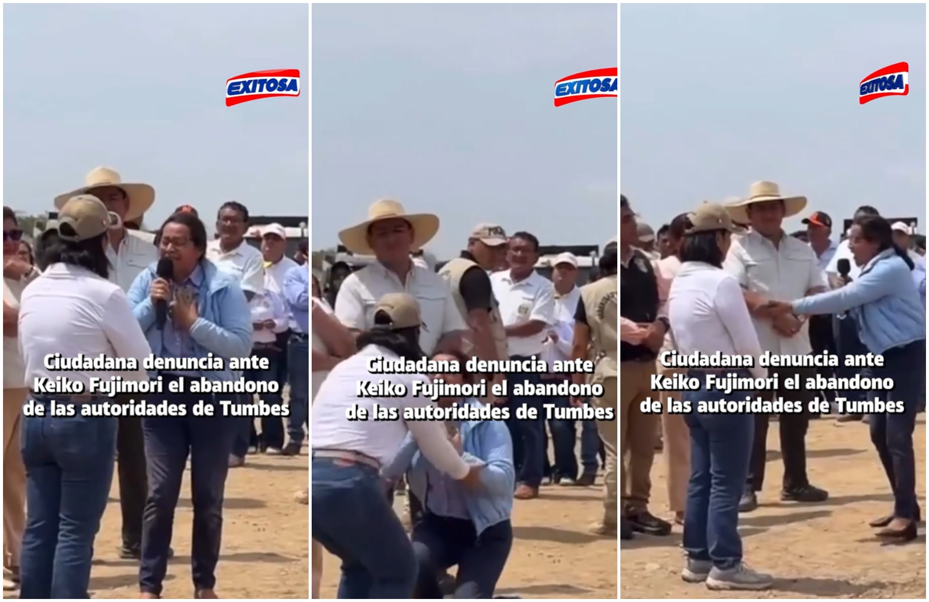 Ciudadana de Tumbes grita a Keiko Fujimori y se arrodilla: “Ninguna autoridad nos ha escuchado, le ruego que nos ayude”