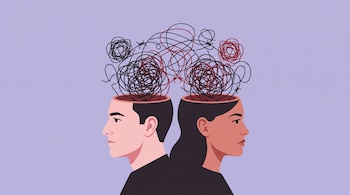 Ilustración en perfil de un hombre y una mujer de espaldas con líneas negras y rojas enredadas saliendo de sus cabezas sobre fondo lavanda.