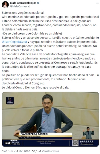 Mafe Carrascal denunció como “vergüenza nacional” la presencia de Ciro Ramírez en el Senado - crédito @MafeCarrascal/X