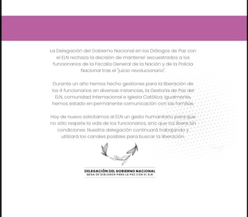 La delegación de paz del Gobierno rechaza la negativa del ELN de liberar a los funcionarios secuestrados - crédito X