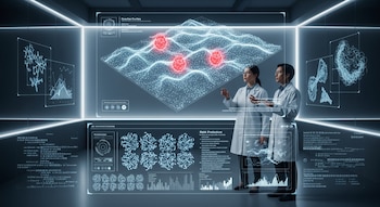 Dos científicos en batas de laboratorio observan pantallas holográficas en un laboratorio oscuro. Un mapa 3D de puntos, clusters rojos y gráficos de riesgo son visibles.
