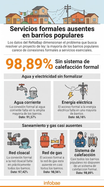Infografía con gráficos e íconos que detallan porcentajes de falta de servicios de agua, luz, gas y cloacas en viviendas.